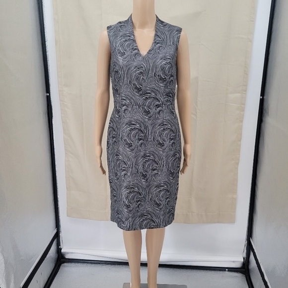 Kasper Black Silver Metallic Swirl V-neck Lined Sheath Dress - Picture 3 of 11